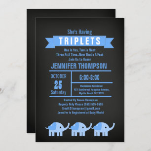 Invitación Boys Triplet Elephant Baby Shower Chalkboard