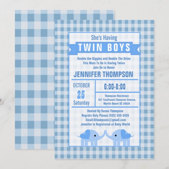 Invitación Boys Twin Elephant Baby Shower Blue Gingham (Anverso / Reverso)