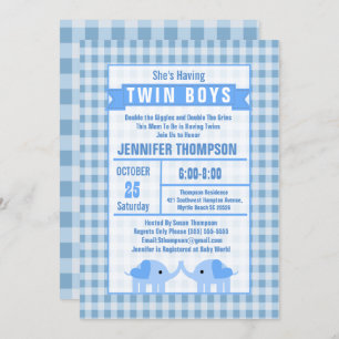Invitación Boys Twin Elephant Baby Shower Blue Gingham