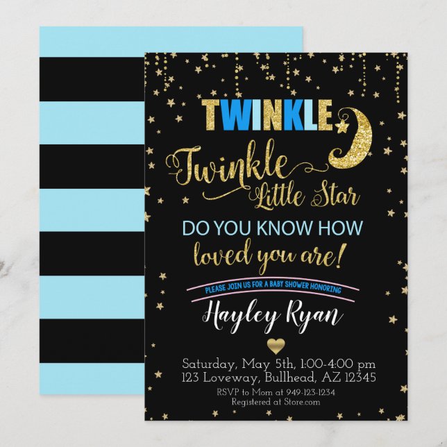 Invitación Boys Twinkle Twinkle Little Star Blue Baby Shower (Anverso / Reverso)