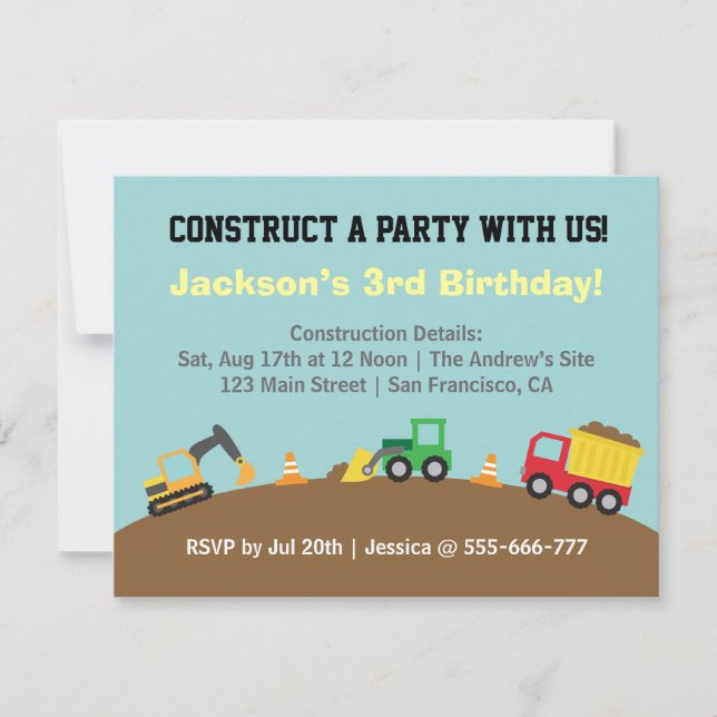Invitación Boys Vehículos de Construcción Fiesta de Cumpleaño (Anverso)