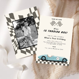 Invitación Boys Vintage Blue Race Car Fiesta de primer cumple