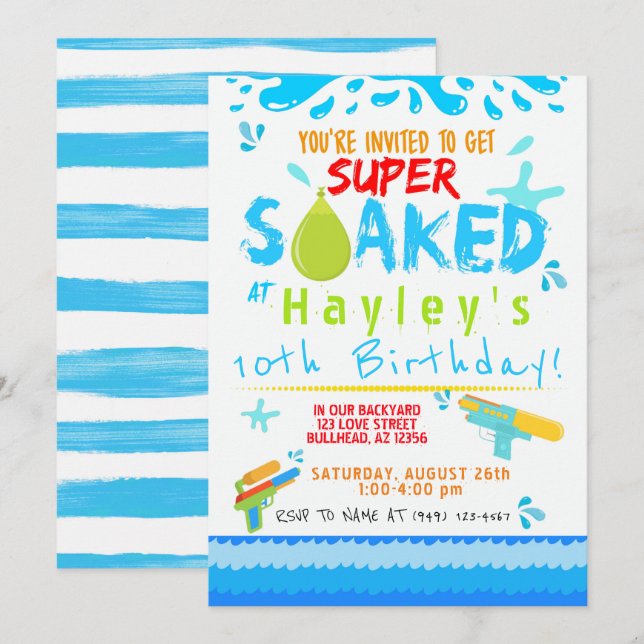 Invitación Boys Water Gun Water Balloon Swim Fiesta Cumpleaño (Anverso / Reverso)