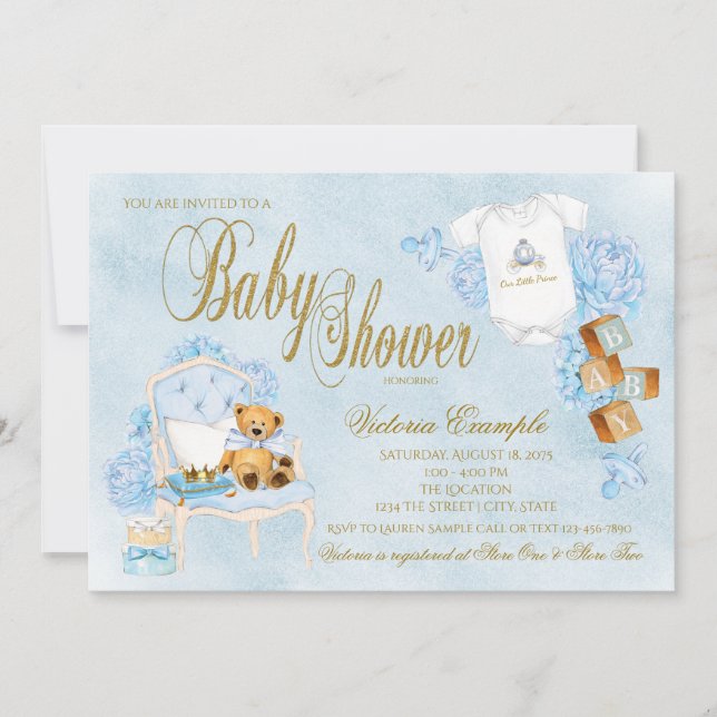 Invitación Boys Watercolor Blue Gold Baby Shower (Anverso)