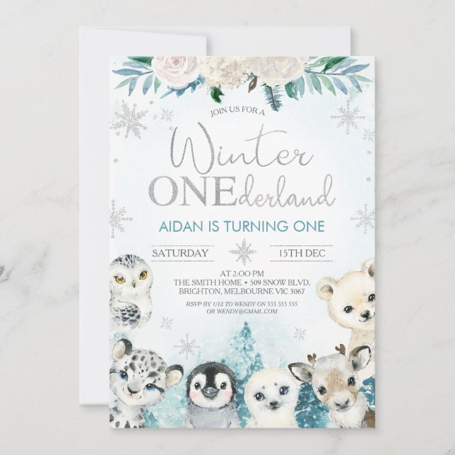 Invitación Boys Winter Animals Winter Onederland Cumpleaños (Anverso)