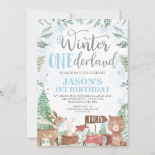 Invitación Boys Winter Onederland Animales Woodland Cumpleaño