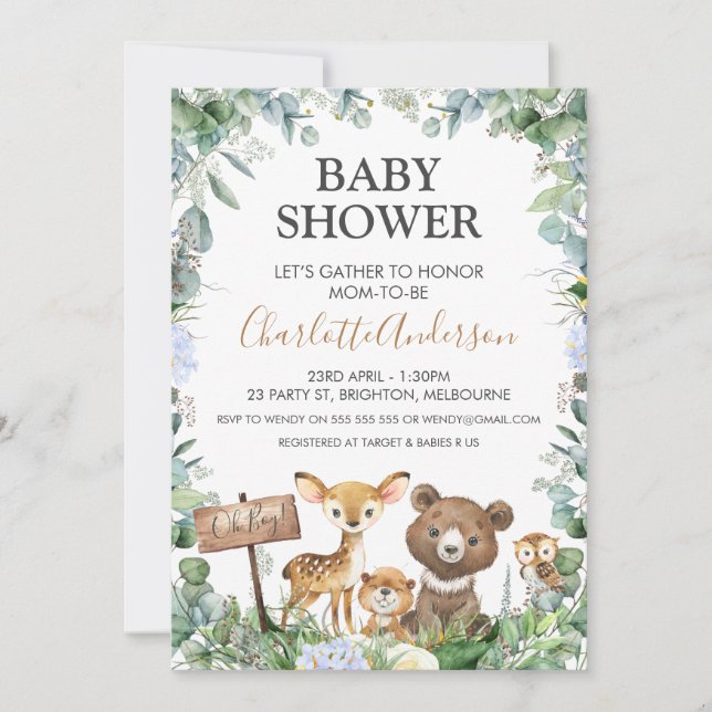 Invitación Boys Woodland Animals and Greenery Baby Shower (Anverso)
