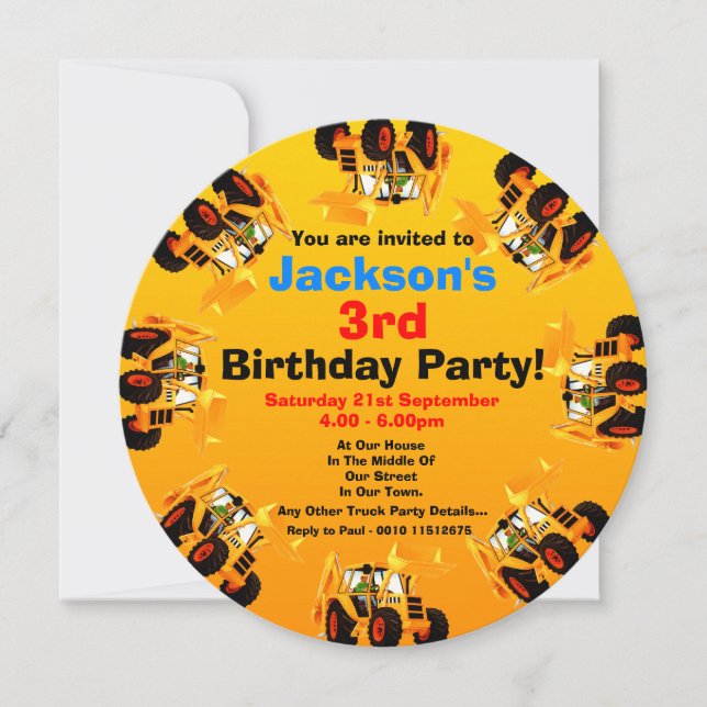 Invitación Boys Yellow Digger Fiesta de construcción de terce (Anverso)