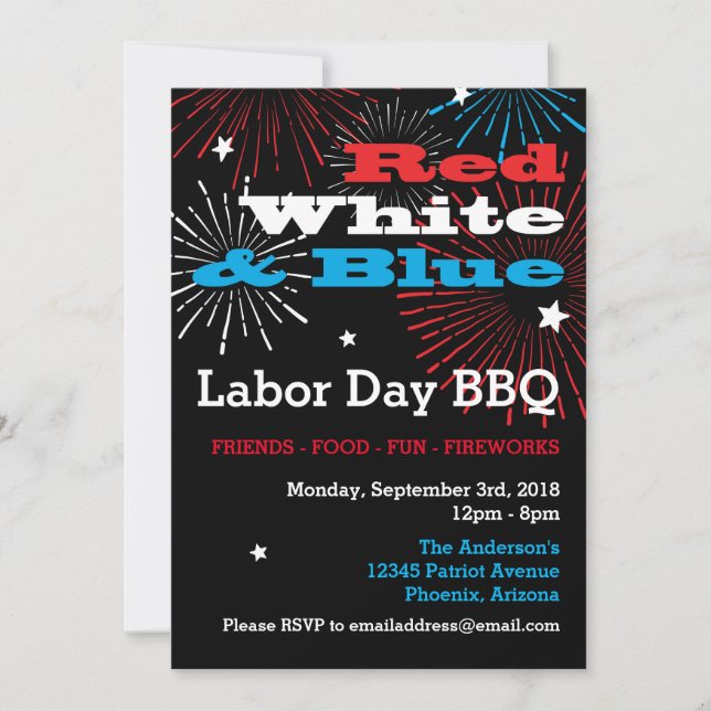 Invitación BQ por el Día del Trabajo Blanco y Azul Rojo (Anverso)