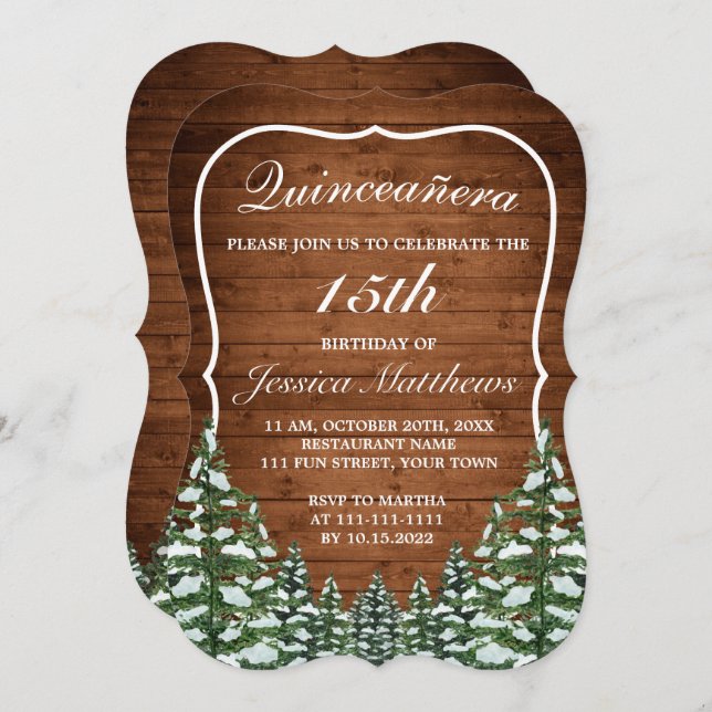 Invitación Braca Selva de nieve Pine Rural Tiara Quinceañera (Anverso / Reverso)