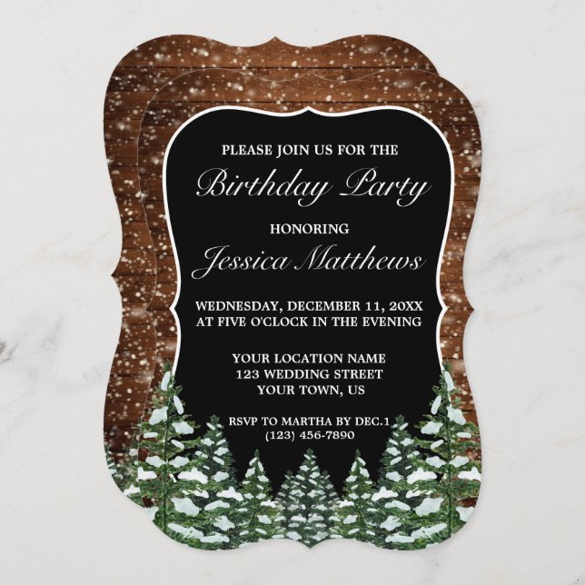 Invitación Bracket Black Snowowood & Forest Pine Birday (Anverso / Reverso)