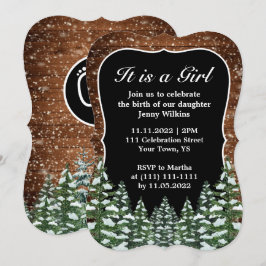 Invitación Bracket Snowy Wood & Forest Baby Girl Nacimiento