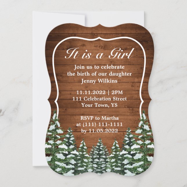 Invitación Bracket Snowy Wood & Forest Baby Girl Nacimiento (Anverso)