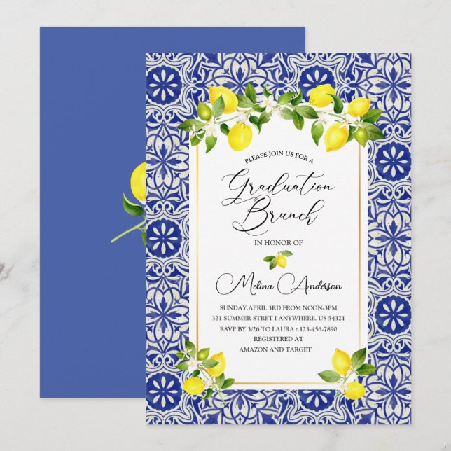 Invitación Bran de graduación de la acuarela de mosaico azul  (Anverso / Reverso)