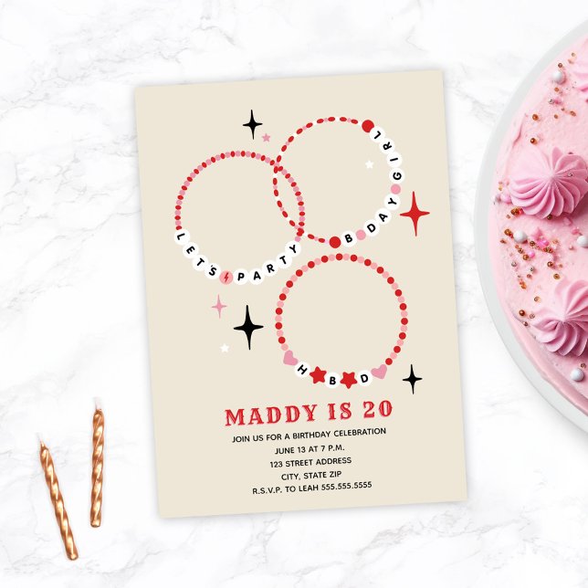 Invitación Brazaletes de amistad Día de cumpleaños rosado y r (Subido por el creador)