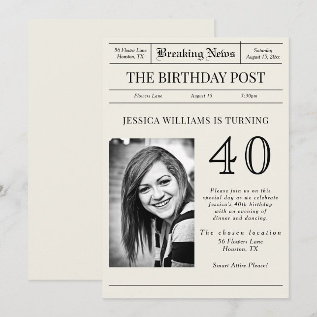 Invitación "Breaking News" foto de cumpleaños (Anverso / Reverso)