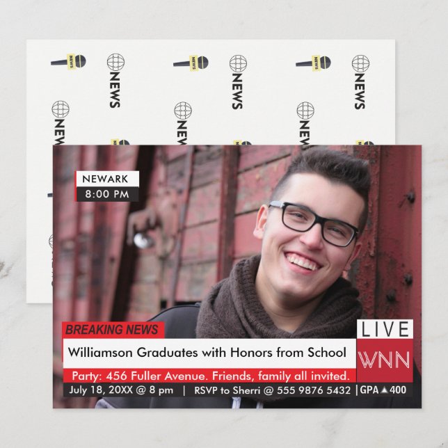 Invitación Breaking News Graduación 🚨 Gráfica de TV especial (Anverso / Reverso)