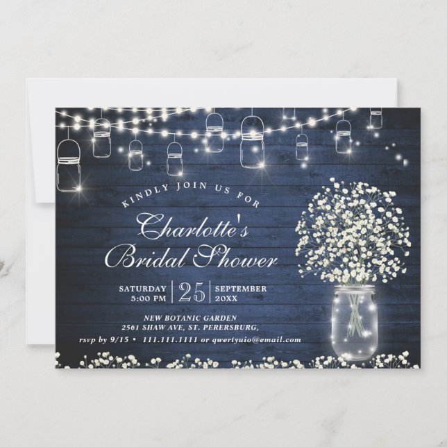 Invitación Breath mason Jar Blue Rustic Bridal Shower (Anverso)