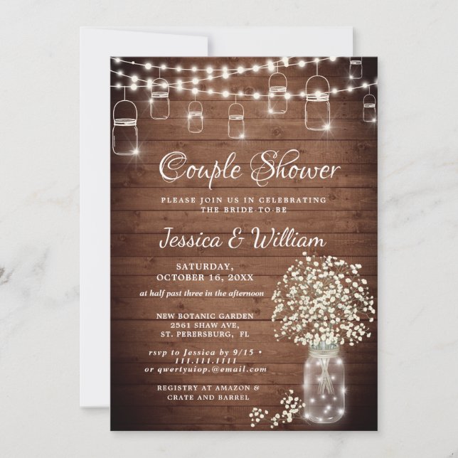 Invitación Breath Mason Jar Rustic Couple Shower (Anverso)