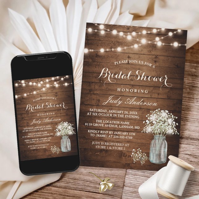 Invitación Breath Mason Jar Rustic Wood Bridal Shower (Perfect for anyone hosting a bridal shower with a rustic and romantic theme.)