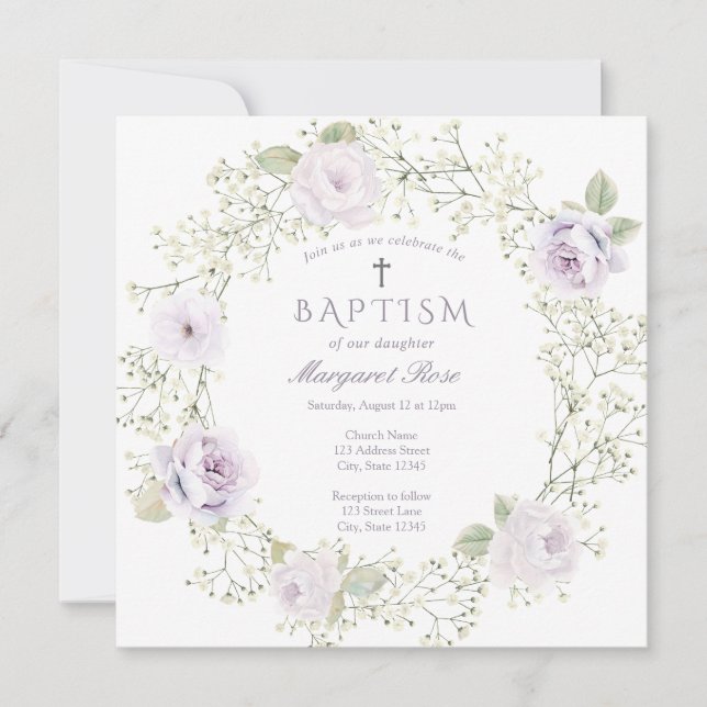 Invitación Brecha de bebé y bautismo Chica de Rosas morados (Anverso)