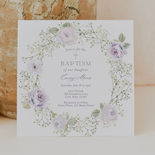 Invitación Brecha de bebé y bautismo Chica de Rosas morados
