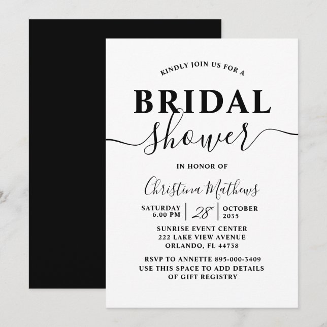 Invitación Brecha de novia guión de caligrafía en blanco y ne (Anverso / Reverso)