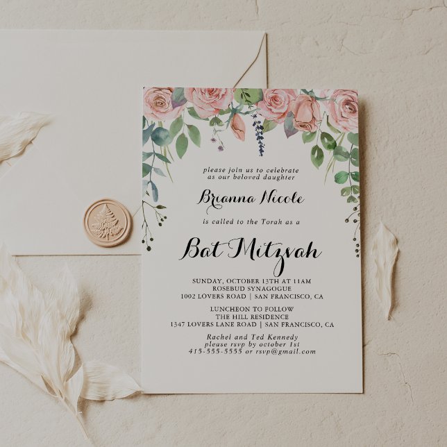 Invitación Breeze Verano Caligrafía Floral Bat Mitzvah (Subido por el creador)