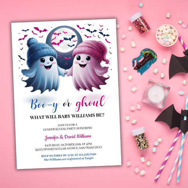 Invitación Breve revelación de género de Fantasmas Boo-y o Gh (Cute Ghosts Boo-y or Ghoul Halloween Gender Reveal Invitation)