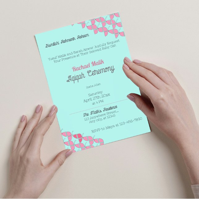 Invitación BREVEMENTE Rosa Verde azulada, Niña Bebé Aqiqah Ba (Subido por el creador)