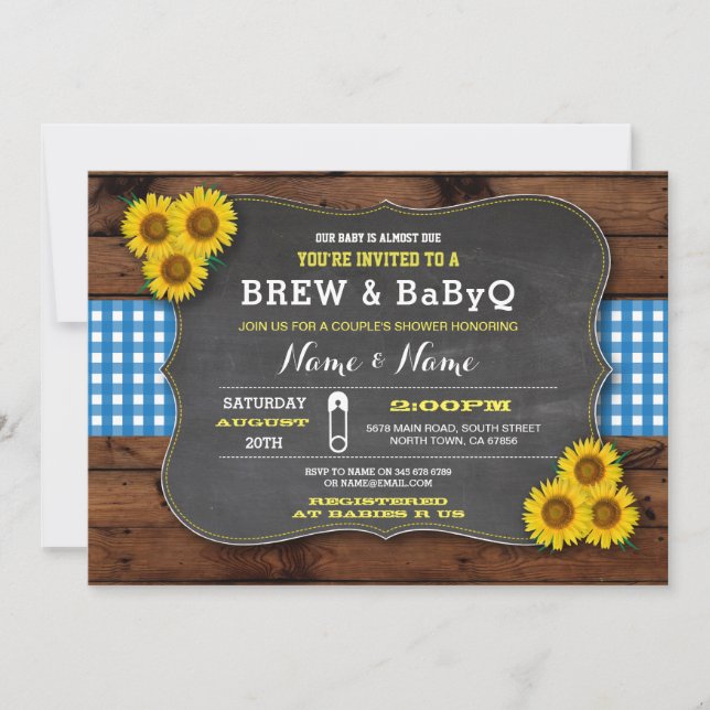 Invitación Brew and BABYQ Baby Shower Blue Sunflower (Anverso)