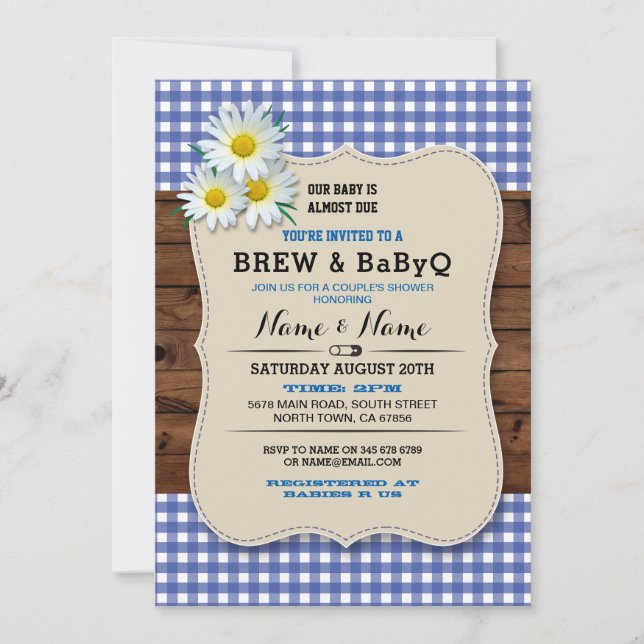 Invitación Brew y BABYQ Baby Shower Blue Wood Daisy Invite (Anverso)
