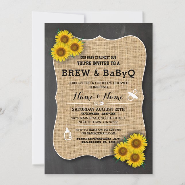 Invitación Brew y BABYQ Baby Shower Chalk Sunflower Invitan (Anverso)