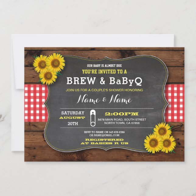Invitación Brew y BABYQ Baby Shower Red Sunflower (Anverso)