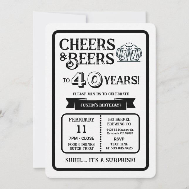 Invitación Brewery Surprise Cheers and Beers to 40 Years  (Anverso)