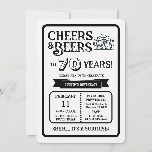 Invitación Brewery Surprise Cheers and Beers to 70 Years  (Anverso)