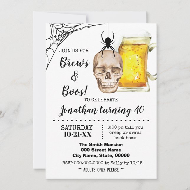 Invitación Brews & Boos Halloween Cerveza al cráneo de cumple (Anverso)