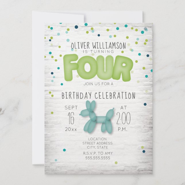 Invitación Brick globo Confetti Blue Green 4º cumpleaños (Anverso)