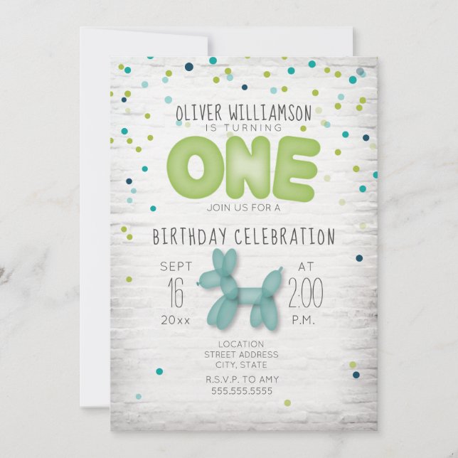 Invitación Brick globo Confetti Blue Green Primer cumpleaños (Anverso)