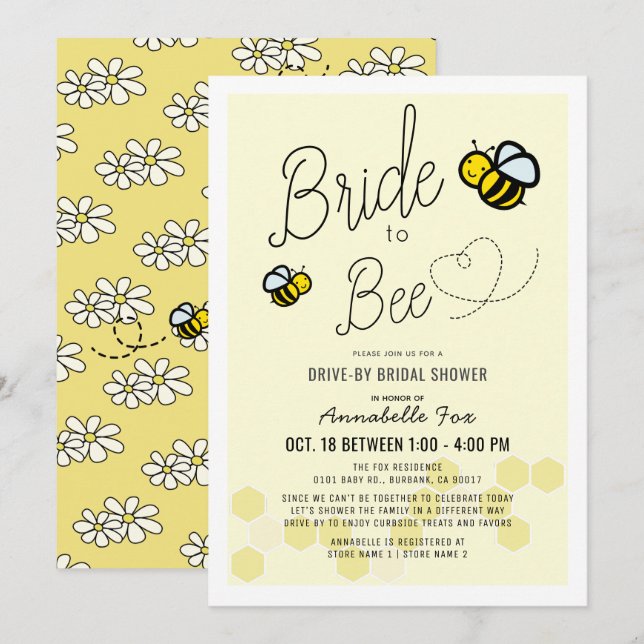 Invitación Brida a Abeja ducha de novia con tracción de amari (Anverso / Reverso)