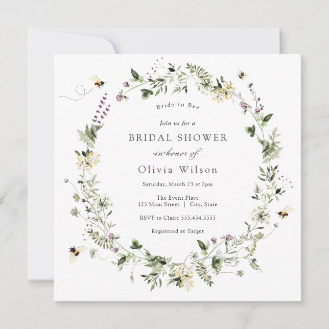 Invitación Brida a la ducha de flores silvestres de Bee Laven (Anverso)