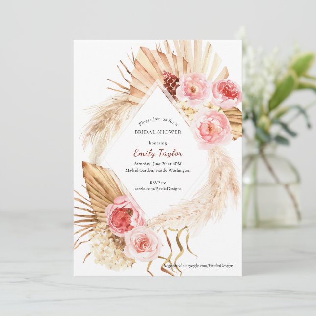 Invitación Brida floral acuática del Rubor Pink Boho Pampas (Anverso de pie)