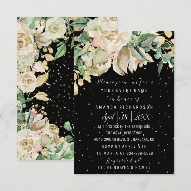 Invitación Bridal Birday Flowday Gold Mint Black Watercolor (Anverso / Reverso)