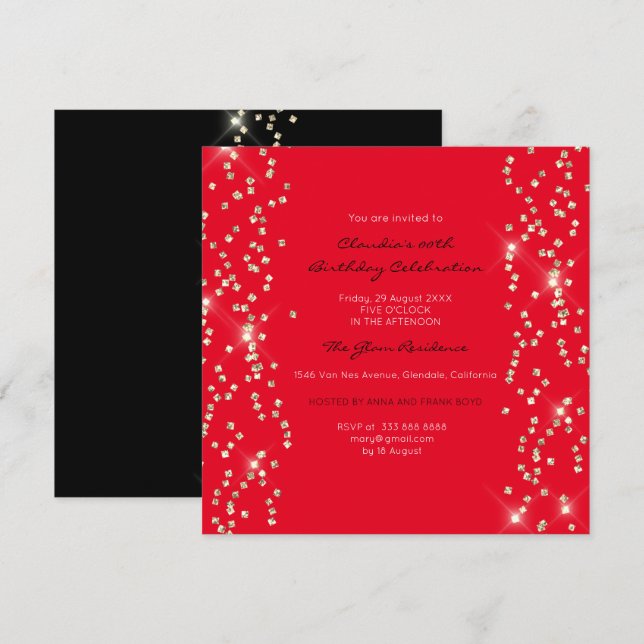 Invitación Bridal Birthday Gold Confetti Crystals Black Red (Anverso / Reverso)