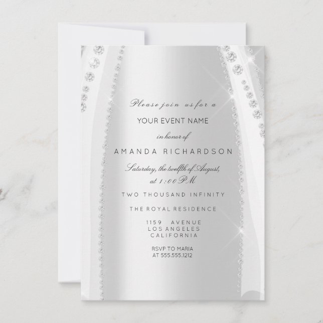 Invitación Bridal Blanco Vestido Chispa Rosa Diamante Gris Pl (Anverso)