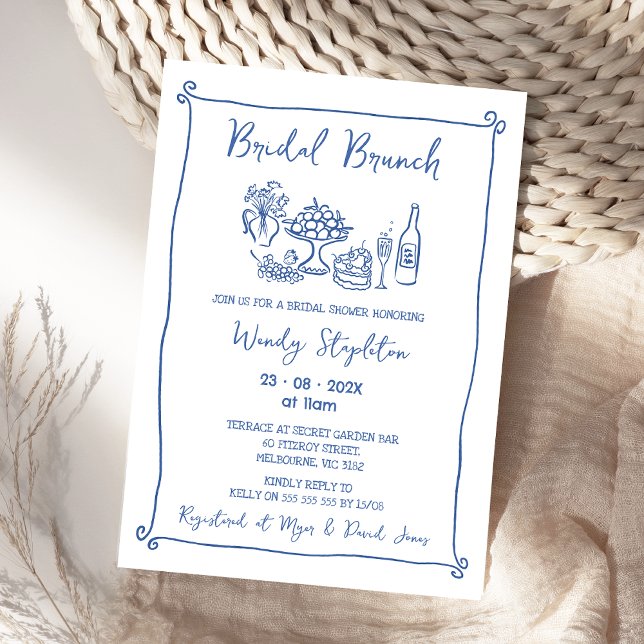 Invitación Bridal Brunch Bridal Bridal Bridal Bridal Shower (Whimsical Blue Bridal Brunch Bridal Shower Invitation, Doodle, Hand Drawn, Bridal Brunch Shower)