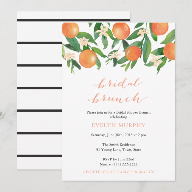Invitación Bridal Brunch Citrus Charcoal Stripes (Anverso / Reverso)