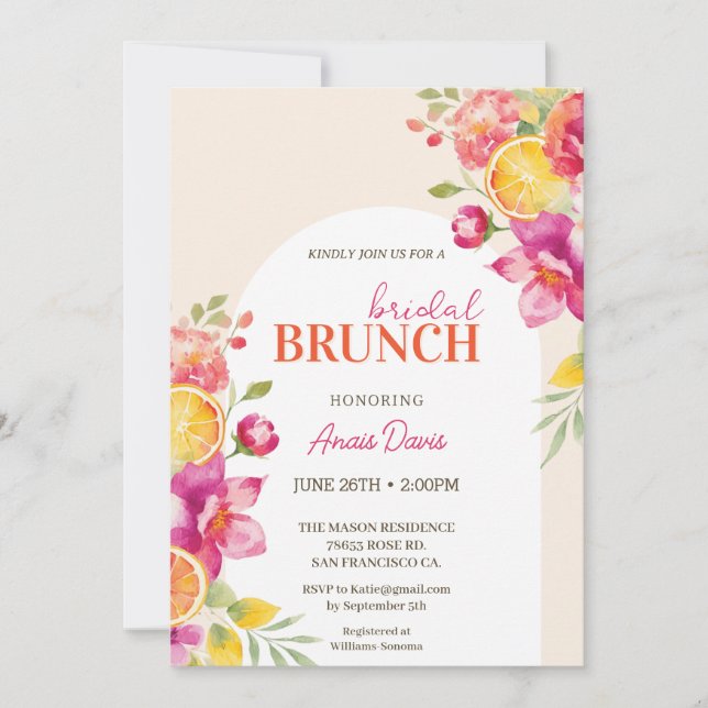 Invitación Bridal brunch Floral Citrus Bridal shower  (Anverso)