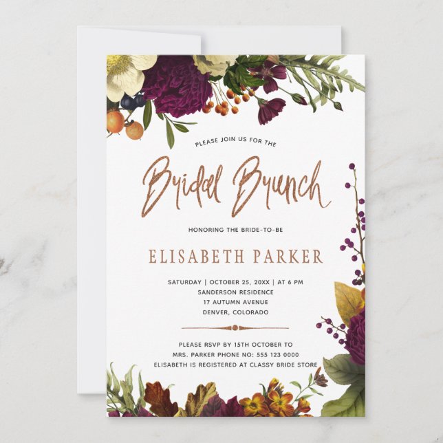 Invitación Bridal brunch floral otoño moderno ducha de novia (Anverso)
