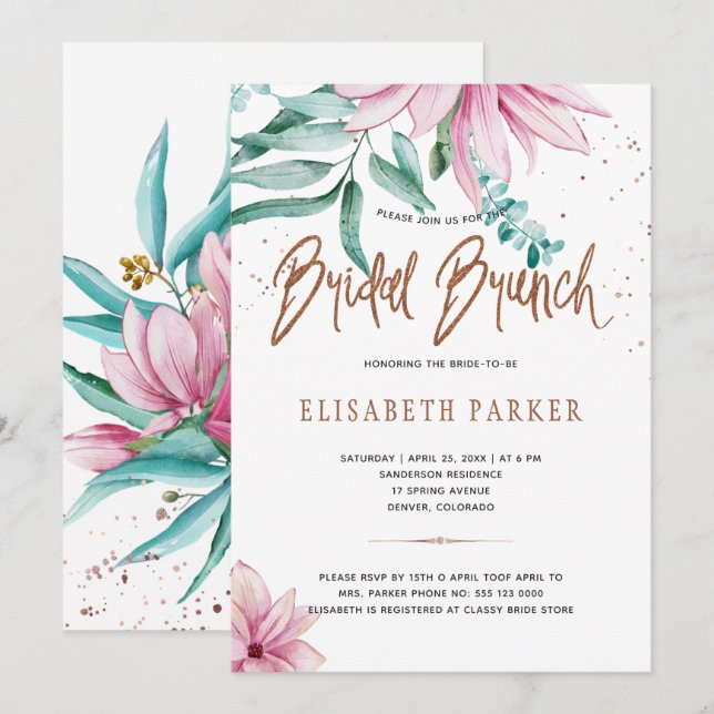 Invitación Bridal brunch lustre cobre rosa dorado ducha de no (Anverso / Reverso)